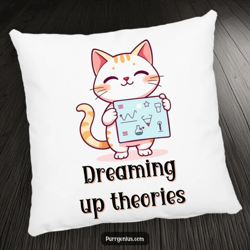 Funny Kawaii cat confidently presenting a scientific diagram, depicted on a soft pillow for comfort and intellectual humor.