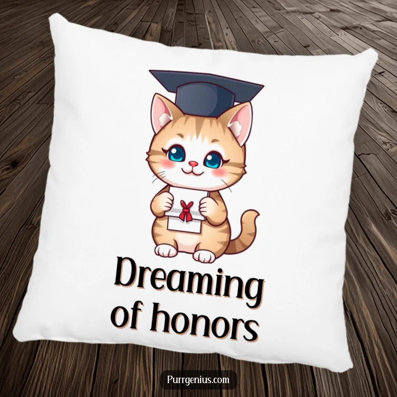 Funny Pillow: A proud cat in graduation attire holds a diploma, bringing cozy comfort and humorous celebration.