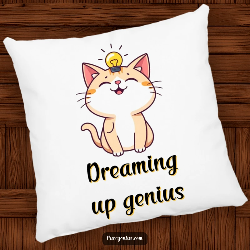 Funny Pillow: A happy cat with a lightbulb symbolizes bright ideas, offering cozy comfort and humorous inspiration.