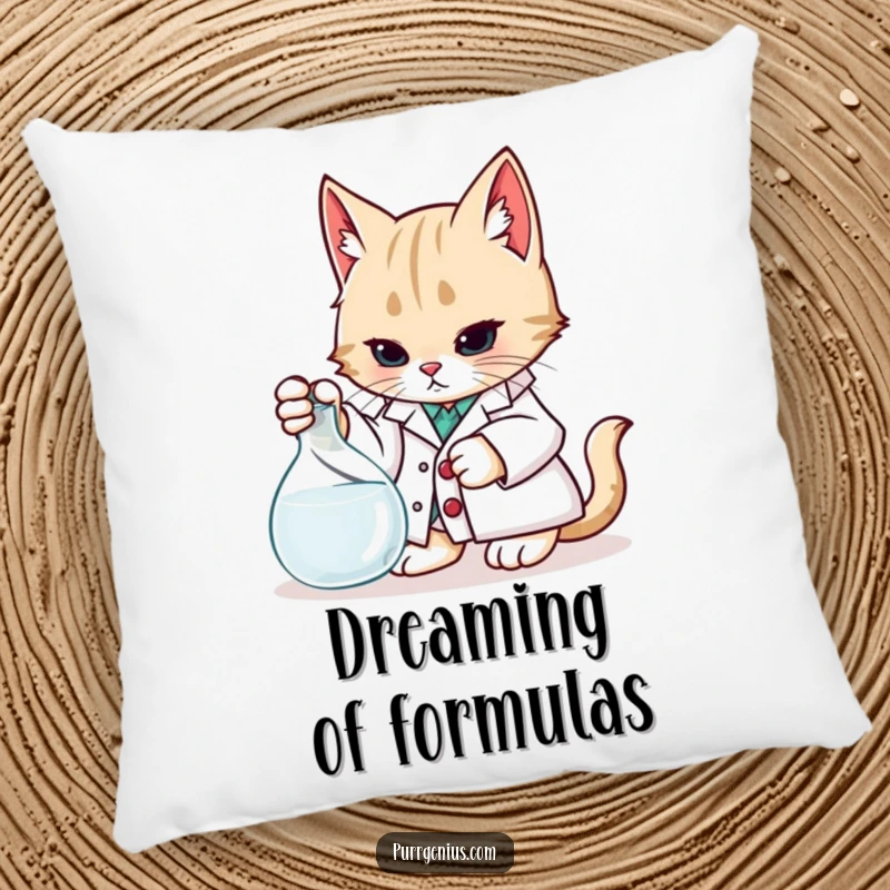 Funny Pillow: A cat in a lab coat examines a beaker, offering cozy comfort and humorous scientific exploration.