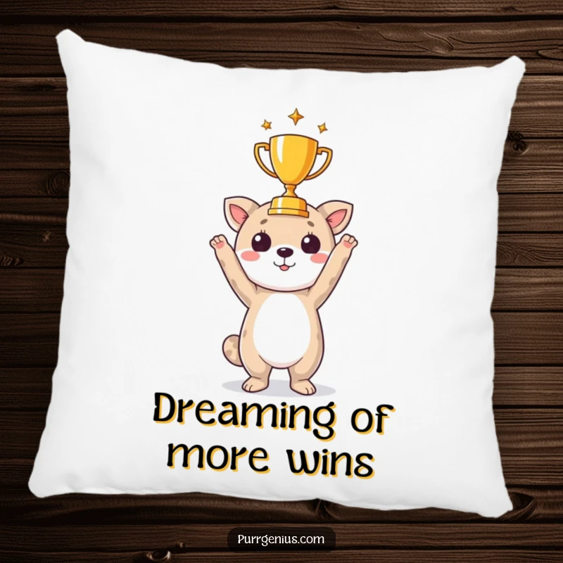Funny pillow design showcasing a cute animal character triumphantly holding a small trophy, perfect for comfort.