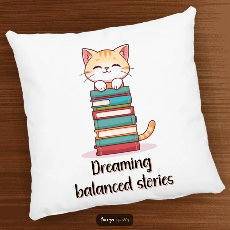 Funny Bookworm Cat Pillow: a cat balancing books on its head, adding comfort and literary humor to home decor, a cute funny gift.