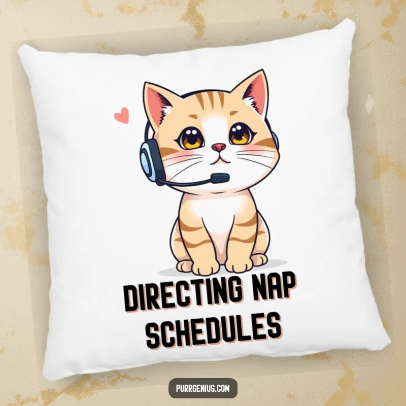 Funny Boss Cat Pillow: a cat in a headset giving instructions, adding comfort and authoritative humor to home decor, a cute funny gift.