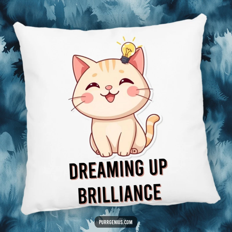 Funny Pillow: A cheerful cat with a glowing lightbulb overhead, offering a soft, humorous, and inspiring decorative touch.