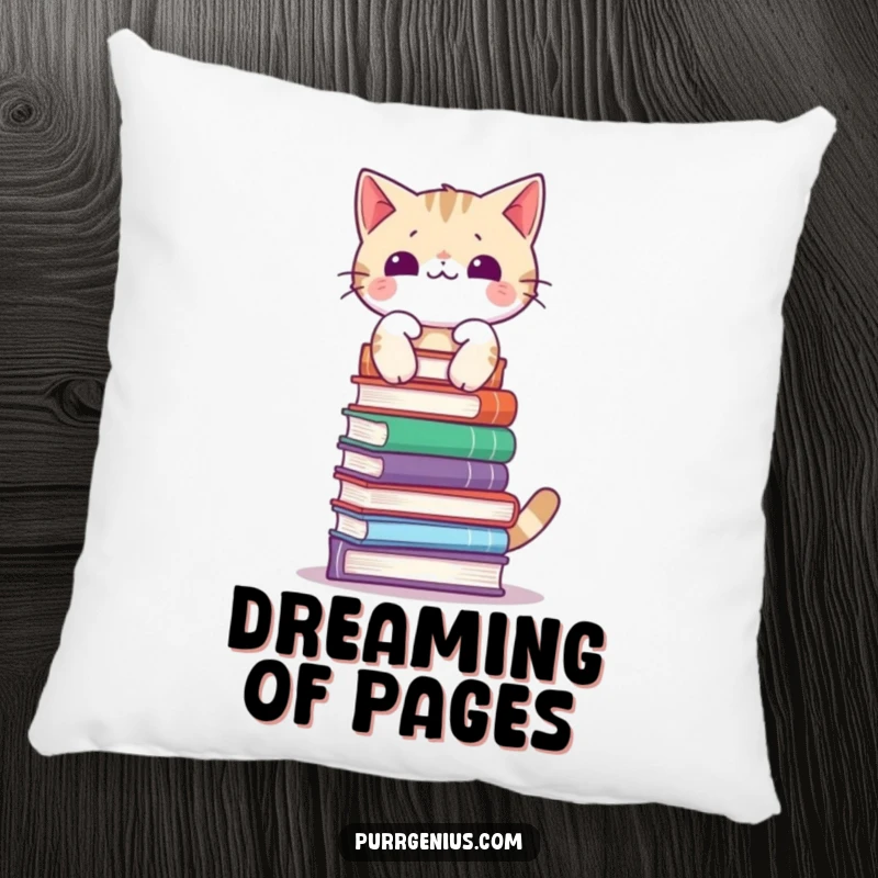 Funny pillow with a cat artistically balancing a stack of books on its head, offering comfort and comedic relief.