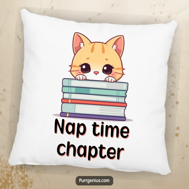 Funny Cat Book Pillow: Curious cat peeking from behind a stack of books, offering comfort and literary charm.