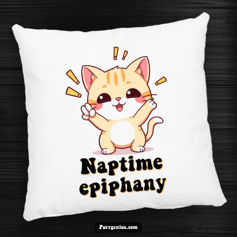 Funny pillow featuring a cute cat in an 'aha!' pose, embodying the excitement and joy of a sudden discovery.