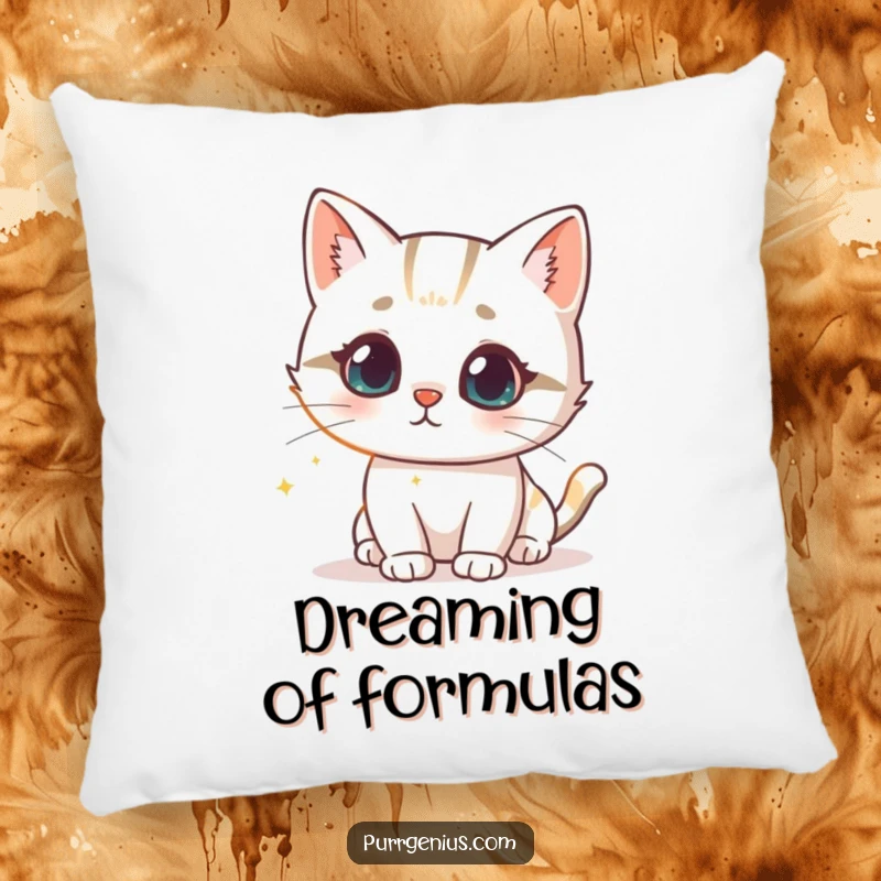 Funny pillow featuring a cute cat character intrigued by a glowing scientific formula, perfect for adding scientific whimsy to a room.