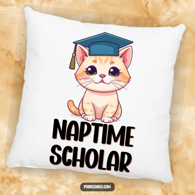 Funny pillow showing a cat wearing a graduation cap, offering comfort and a symbol of academic achievement.