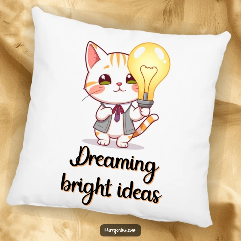 Funny Cat Lightbulb Pillow: Scholarly cat presenting a glowing lightbulb, offering comfort and intellectual charm.