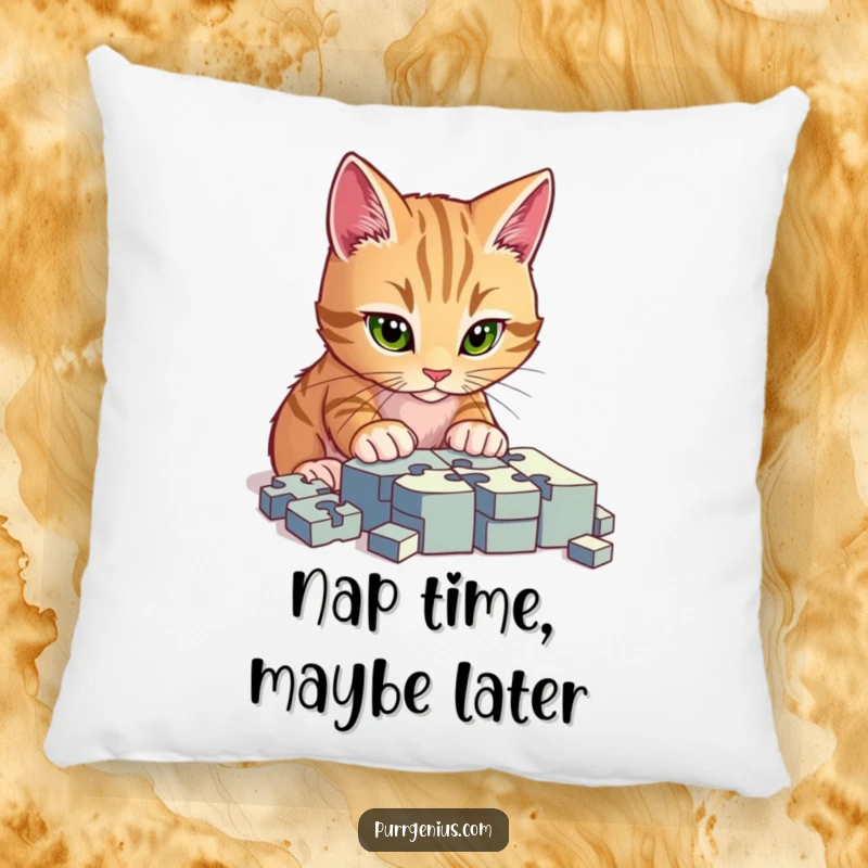 Funny accent pillow with a cat intensely focused on solving a jigsaw puzzle, providing comfort and a humorous decorative touch.