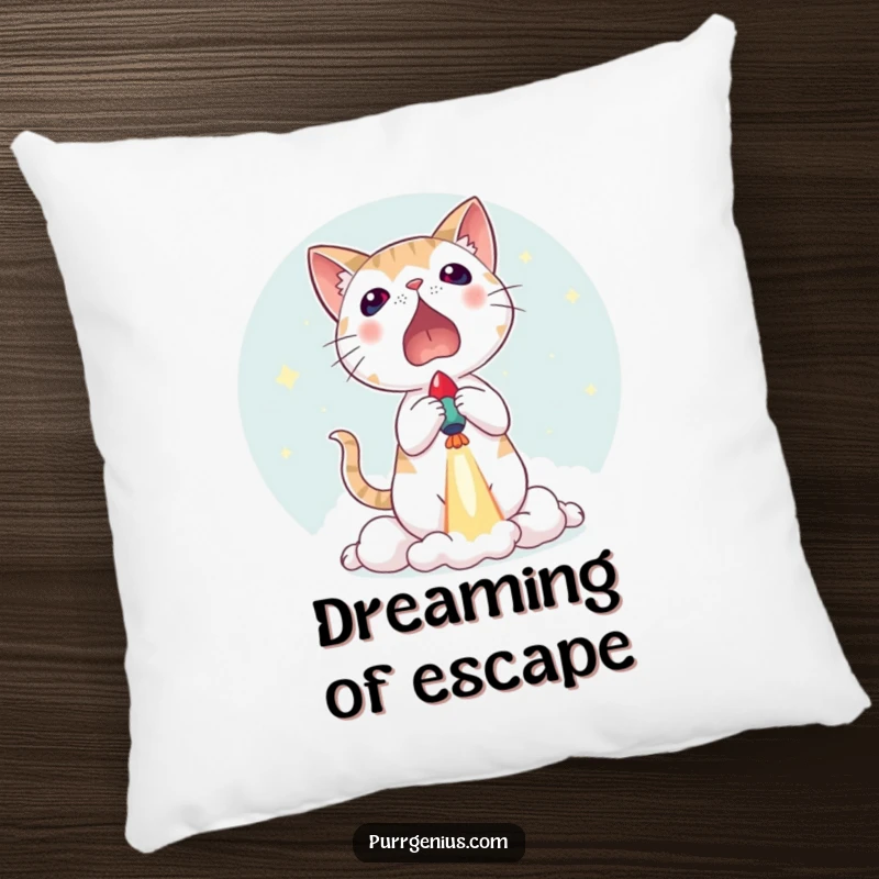 Funny accent pillow with a cat wide-eyed in surprise as a tiny rocket launches, offering comfort and a humorous decorative element.