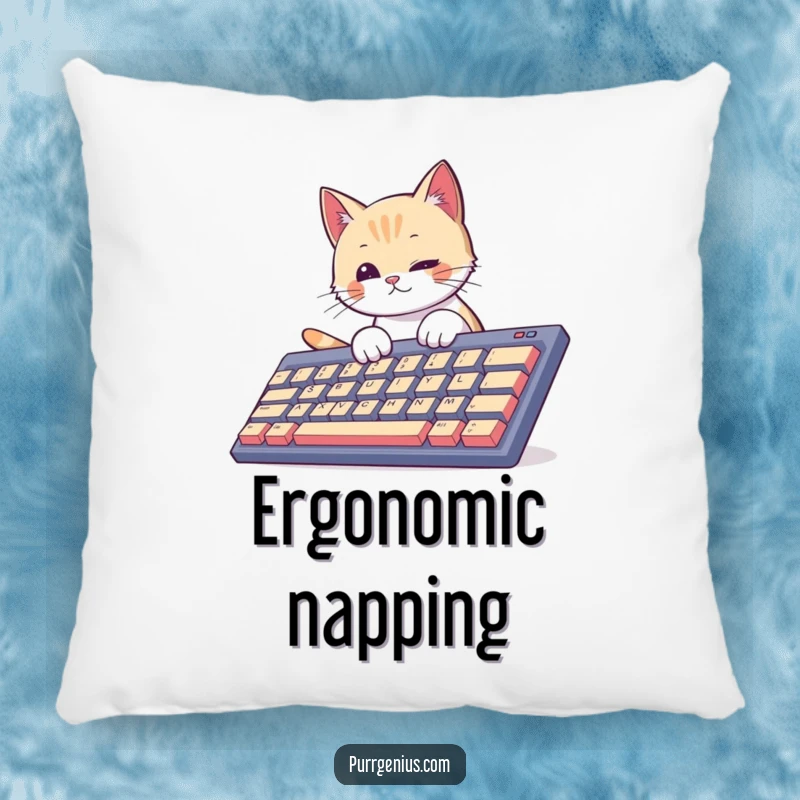 Funny curious cat typing on a giant keyboard, looking content. This pillow brings comfort and humor to any space.