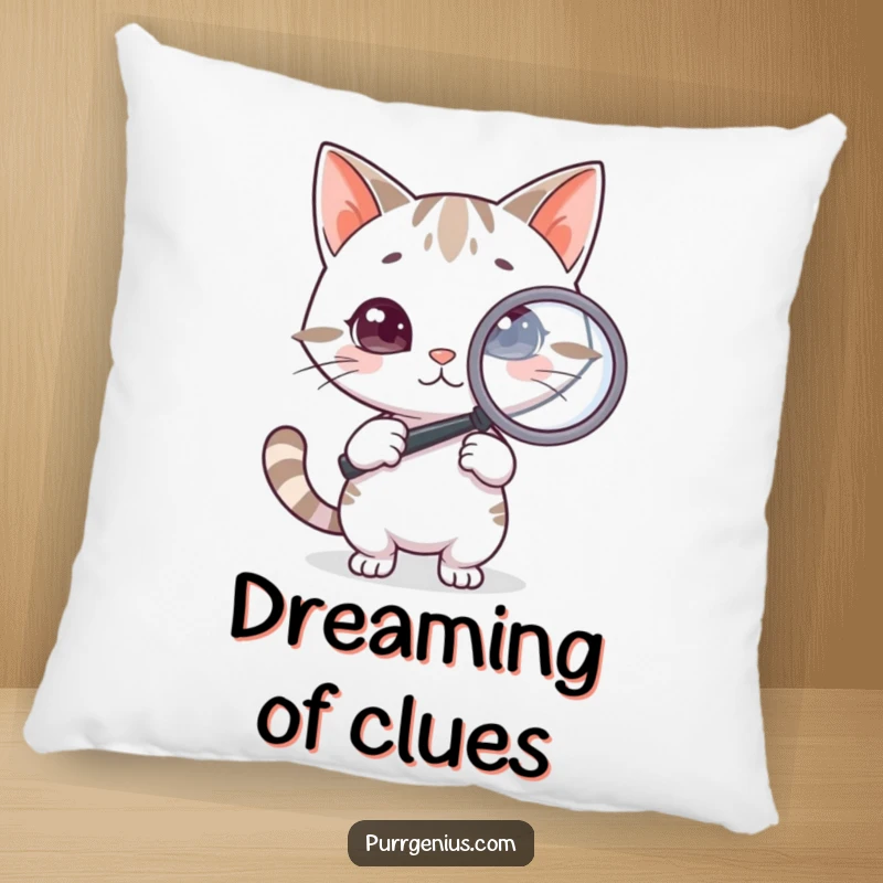 Funny Cat Pillow: A soft pillow featuring a clever cat holding a magnifying glass, looking intently, providing comfort and a touch of mystery.