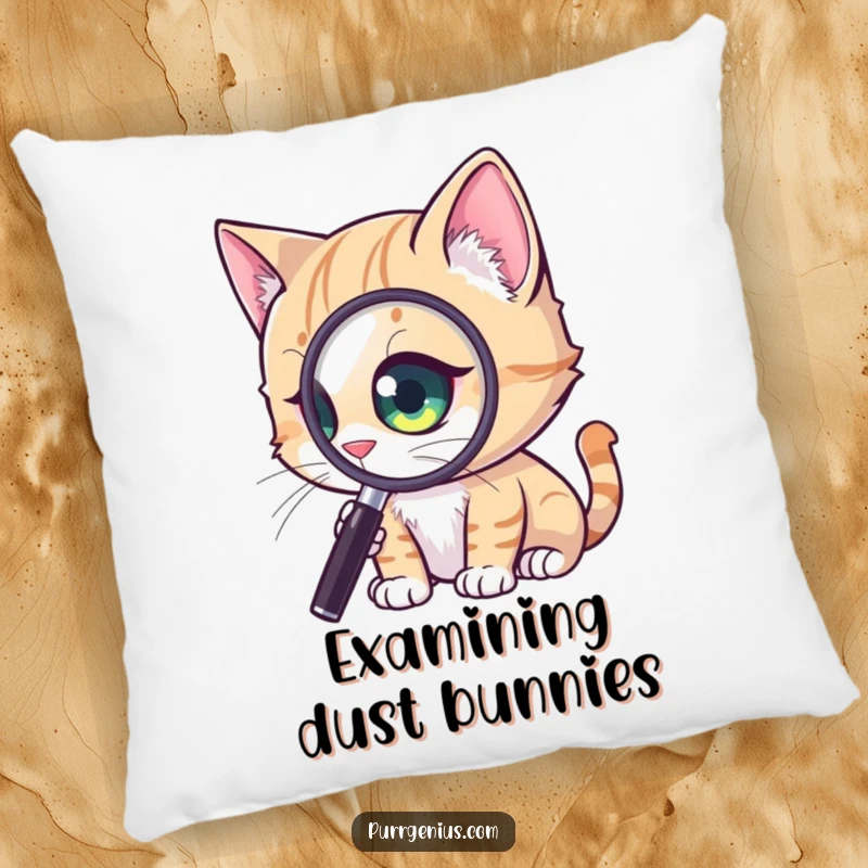 Funny Curious Cat Pillow: a cat with a magnified eye, engrossed in a tiny detail, adding comfort and humor to home decor, a cute funny gift.