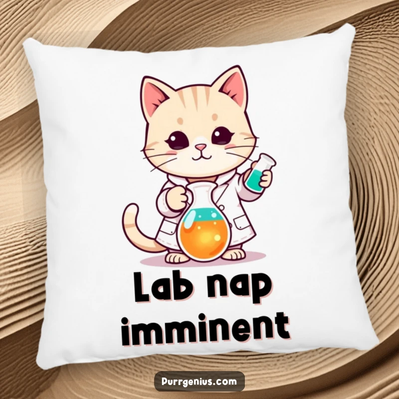 Funny Kawaii cat in a lab coat stirring a colorful beaker, depicted on a soft pillow for comfort and humor.