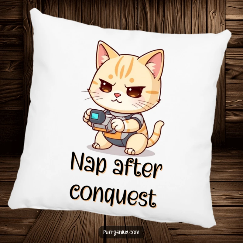 Funny Kawaii cat operating a small robot, depicted on a soft pillow, adding humor and character to any room.