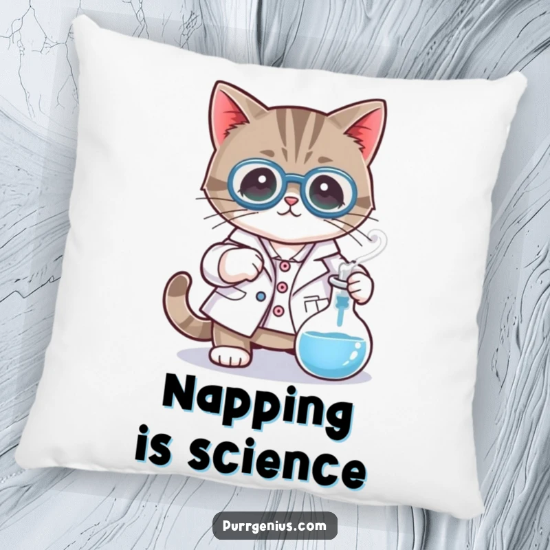 Funny pillow featuring a cat character in a lab coat, stirring a bubbling beaker, ideal for comfort and science lovers.