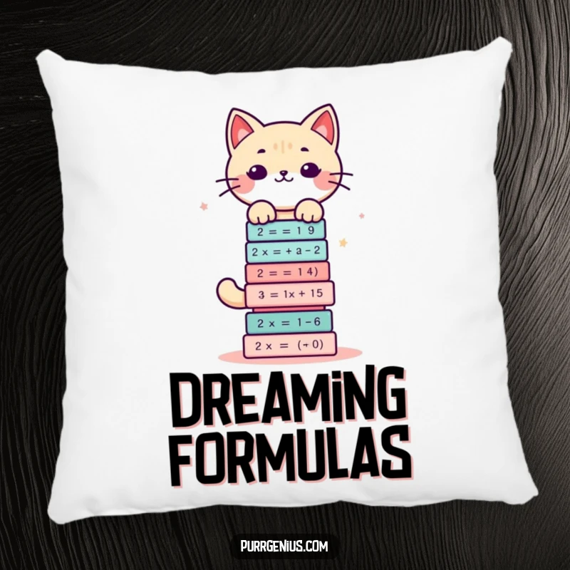 Funny pillow with a cute kawaii cat character balancing a tall stack of complex math equations, looking overwhelmed but adorable.