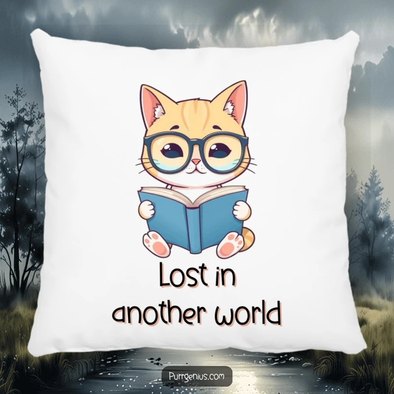 Plush, comfortable pillow featuring a funny cat with spectacles reading a book, perfect for adding humor and coziness to any reading nook.
