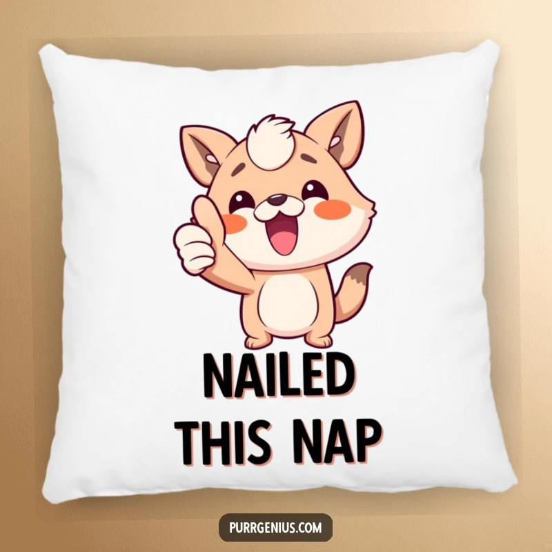 Funny animal character giving a happy thumbs up, looking content and cute on a plush pillow, a perfect humorous home gift.