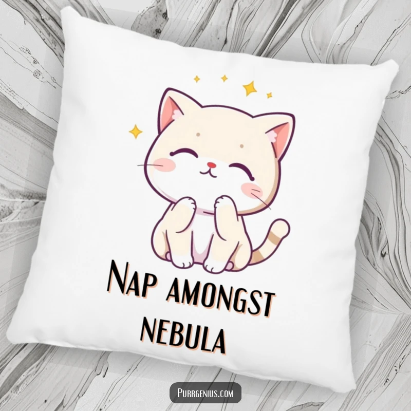 Funny Kawaii cat in a pensive pose looking at a constellation, depicted on a soft pillow for comfort and humor.