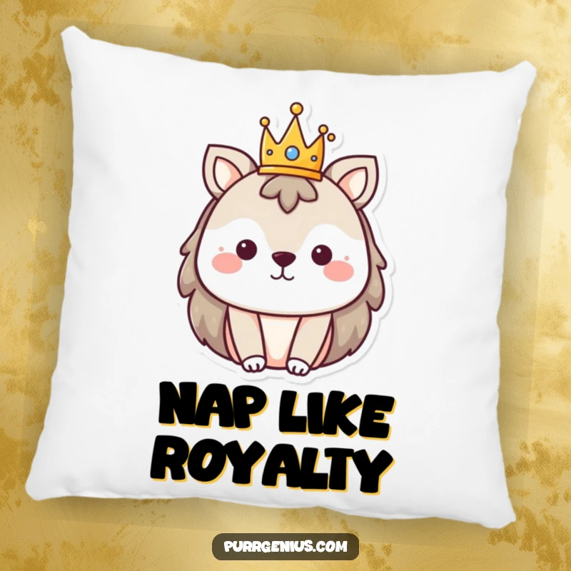 Funny pillow design of a cute animal wearing a small crown, perfect for adding regal comfort.