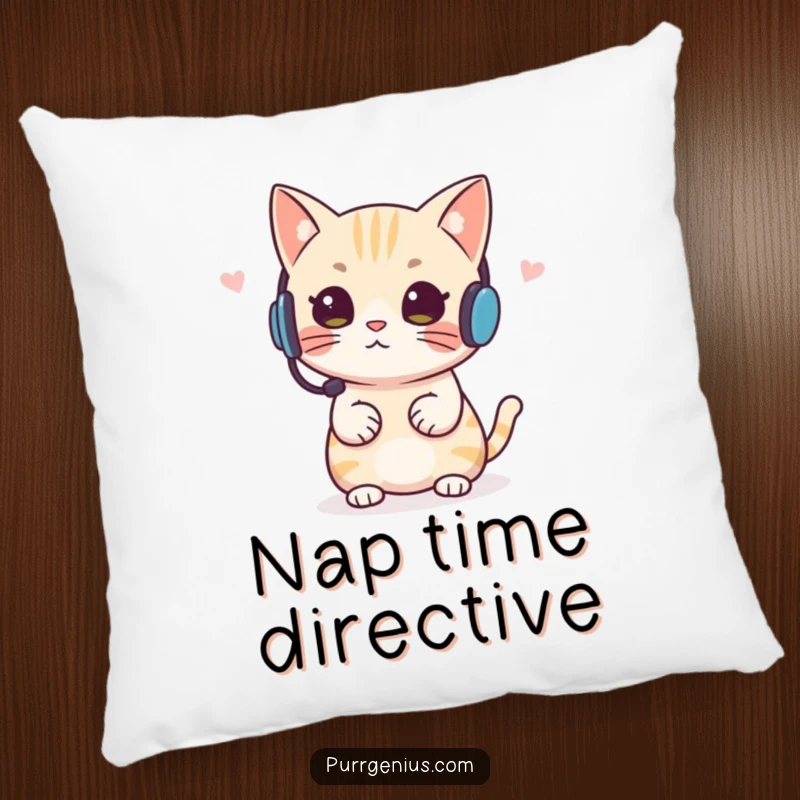 Funny Headset Cat Pillow, a soft cushion with a cat wearing a headset, giving instructions, adding humorous comfort.