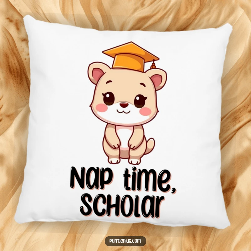 Funny graduation pillow with a cute animal wearing a cap, designed for comfort and celebrating academic milestones humorously.