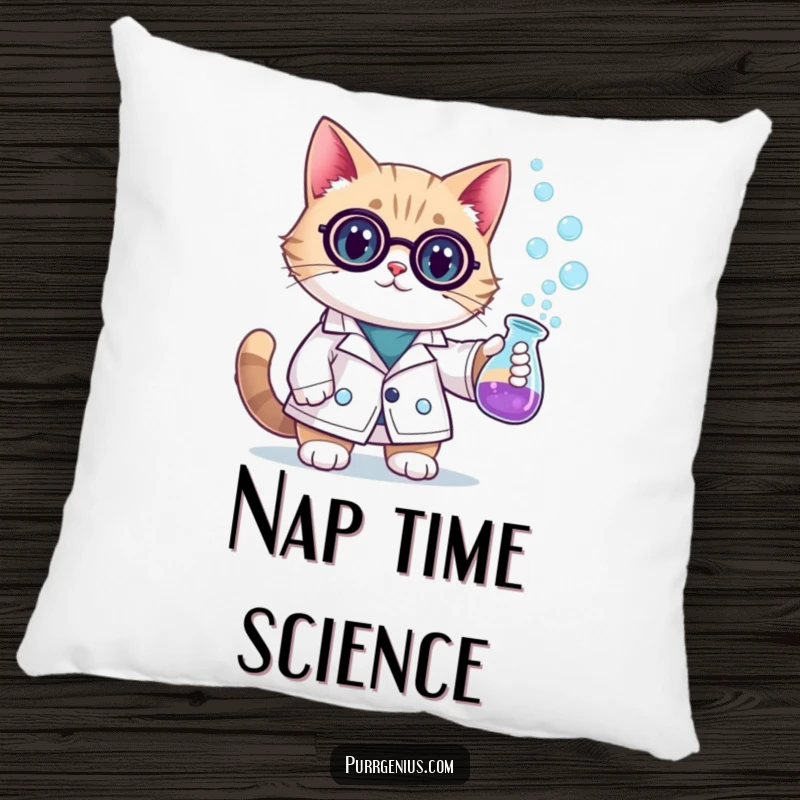 Funny scientist cat in a lab coat, holding a bubbling beaker, looking cozy. This pillow is perfect for adding humor to any room.