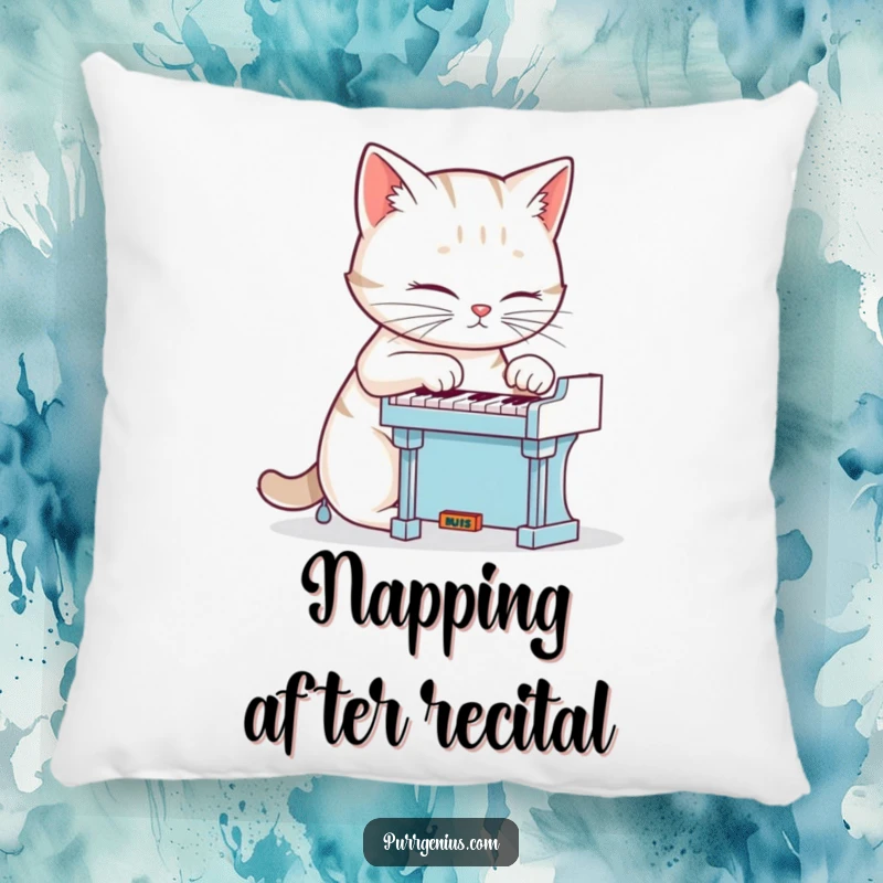 Funny cat focused on playing a miniature piano, depicted on a soft and humorous pillow, a delightful gift.