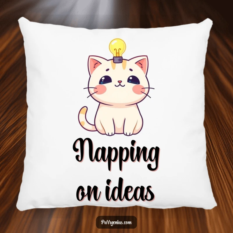 Funny kawaii cat with a glowing lightbulb above its head, making a soft and humorous pillow.