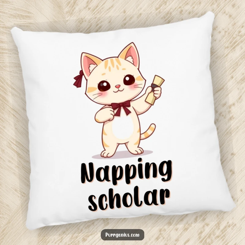 Funny pillow featuring a confident cat character holding a diploma, offering comfort and a symbol of academic achievement.