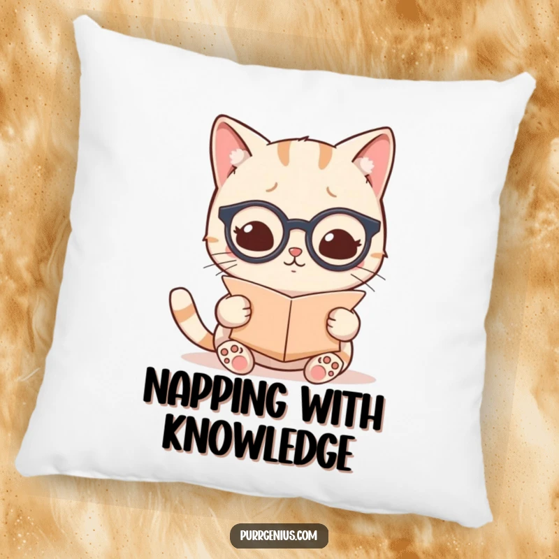 Funny kawaii cat wearing tiny spectacles and reading a scroll, making a soft and humorous pillow.