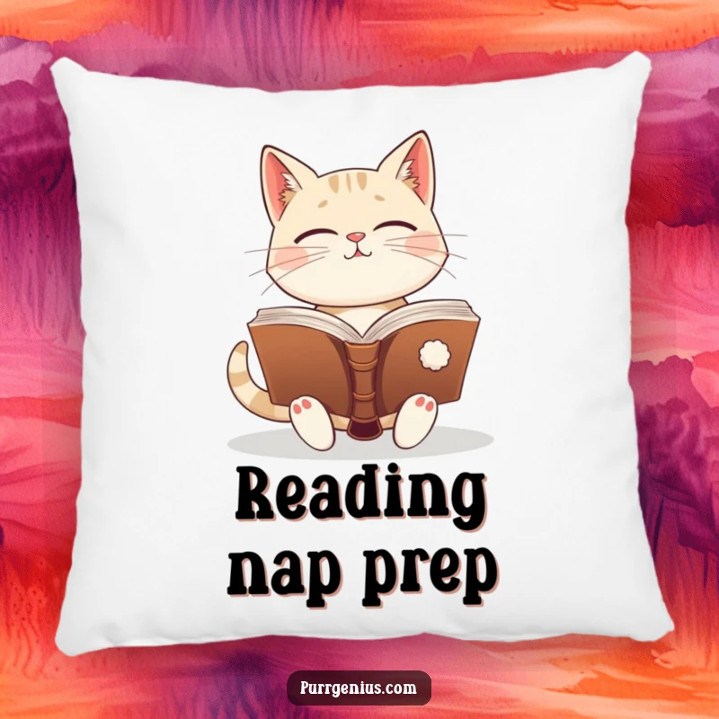 Funny enlightened cat holding an ancient book, looking wise and cozy. This pillow brings comfort and learned humor.