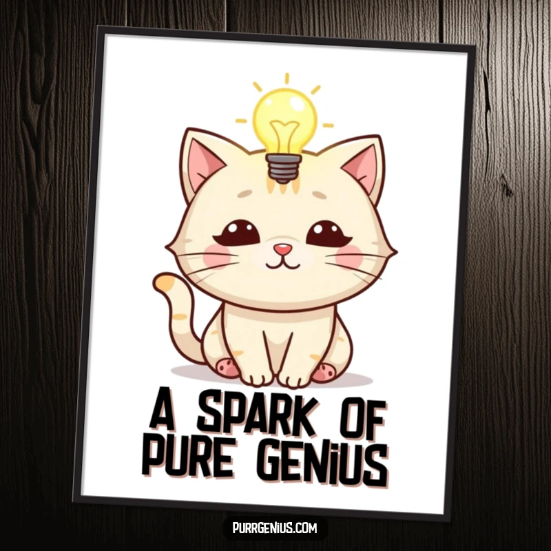 Funny digital art print of a cat with a glowing lightbulb, symbolizing brilliant ideas and creative decor.