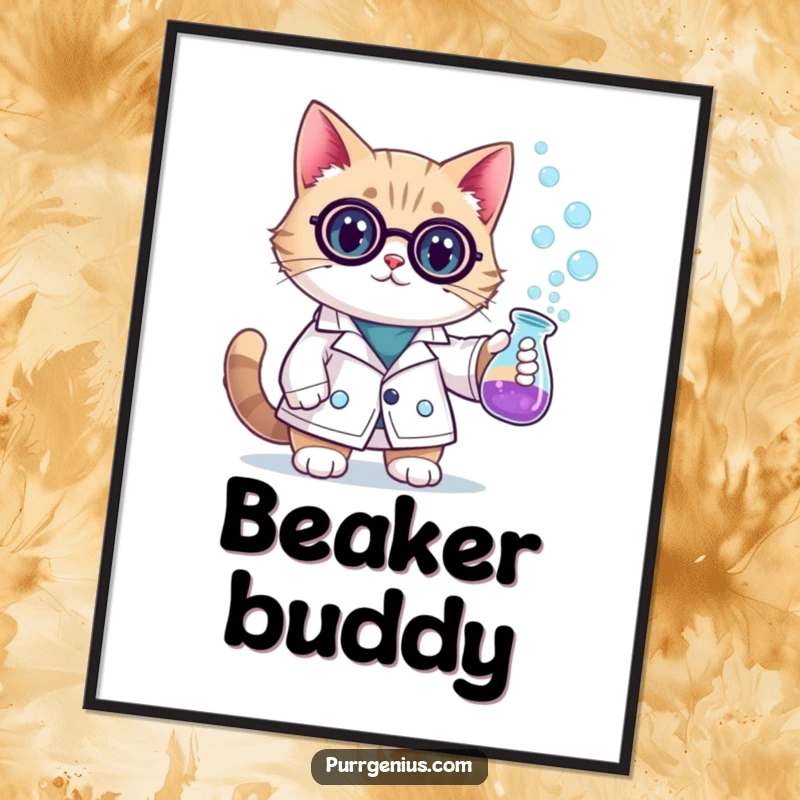 Funny scientist cat in a lab coat, holding a bubbling beaker, ready for display. This digital art print is a smart and humorous addition.