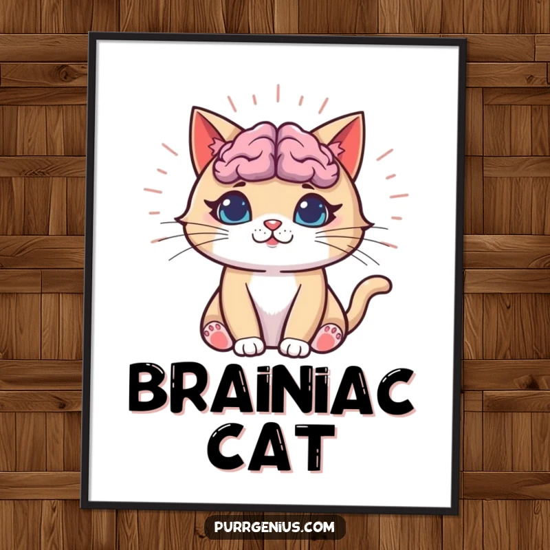Funny Cat Digital Art Print of a cat with a luminous, radiating brain, symbolizing funny intelligence and bright ideas.