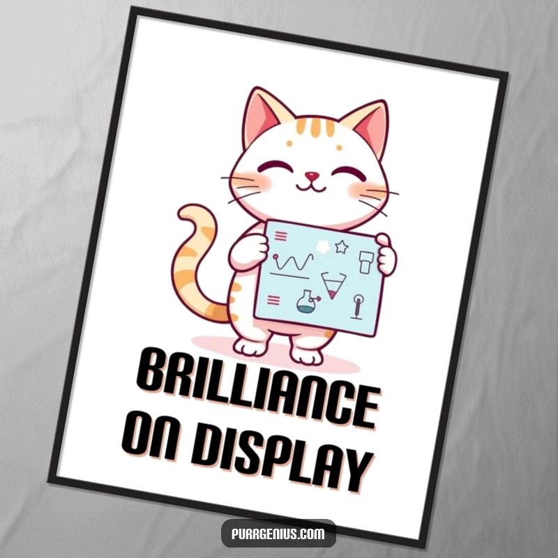 Funny Kawaii cat confidently presenting a scientific diagram, printable digital art, showcasing humor and intelligence.
