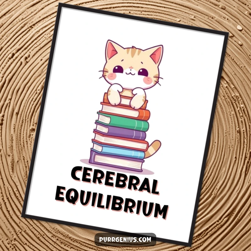 Funny digital art print of a cat with amazing equilibrium balancing a tall stack of books on its head, whimsical decor.