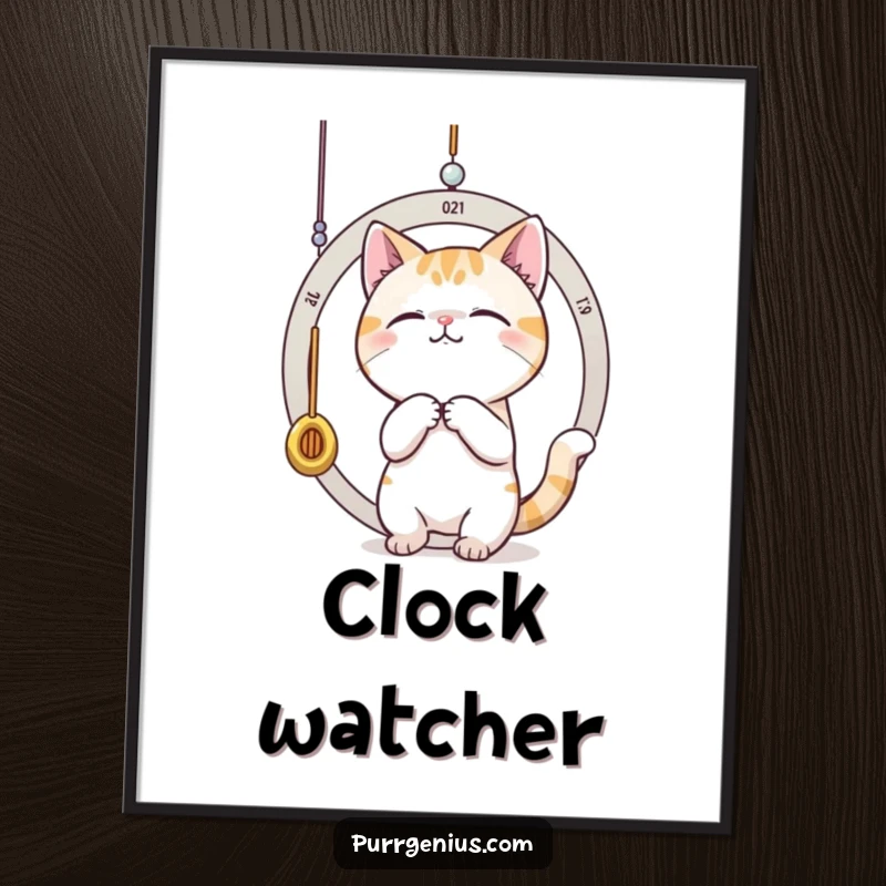 Funny cat batting at a dangling pendulum, symbolizing the passage of time. This digital art print brings playful humor.