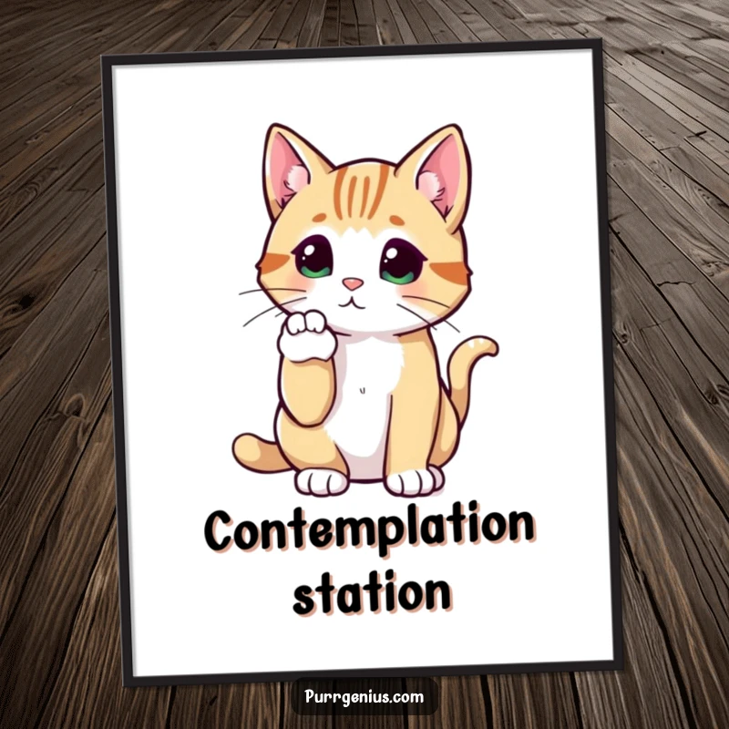 Funny Cat Digital Art Print of a cat with a raised paw, looking profoundly thoughtful, perfect for funny, contemplative decor.