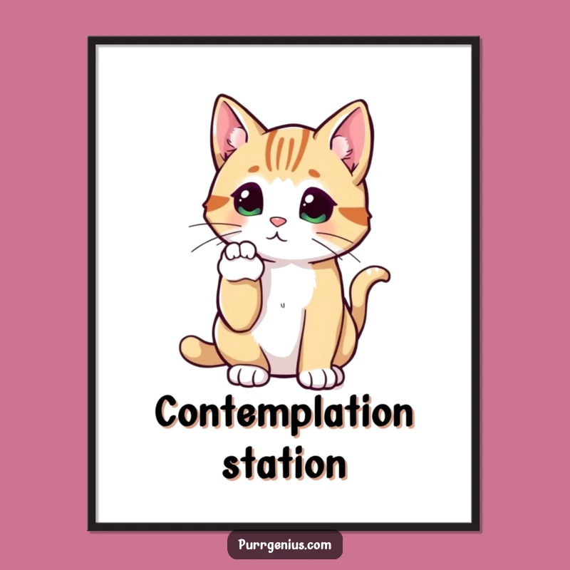 Funny Thoughtful Cat Digital Art: Pensive Feline Print, Perfect Instant Funny Gift