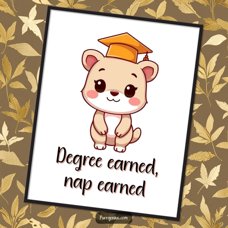 Funny digital art print of a cute animal in a graduation cap, ideal for instant, humorous decor celebrating academic success.