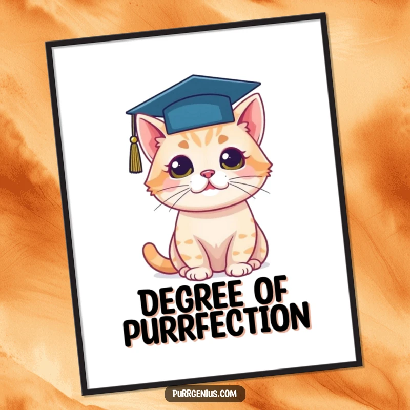 Funny digital art print of a cat wearing a graduation cap, symbolizing academic achievement and smarts.