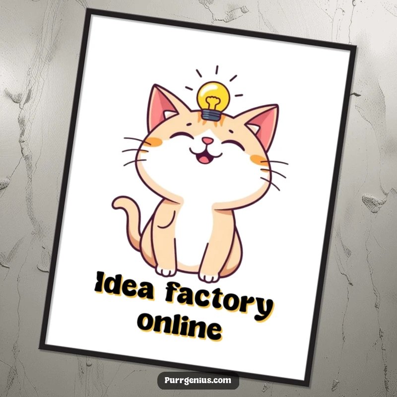 Funny Digital Art Print: A happy cat with a glowing lightbulb symbolizes a brilliant idea, bringing humor and inspiration.