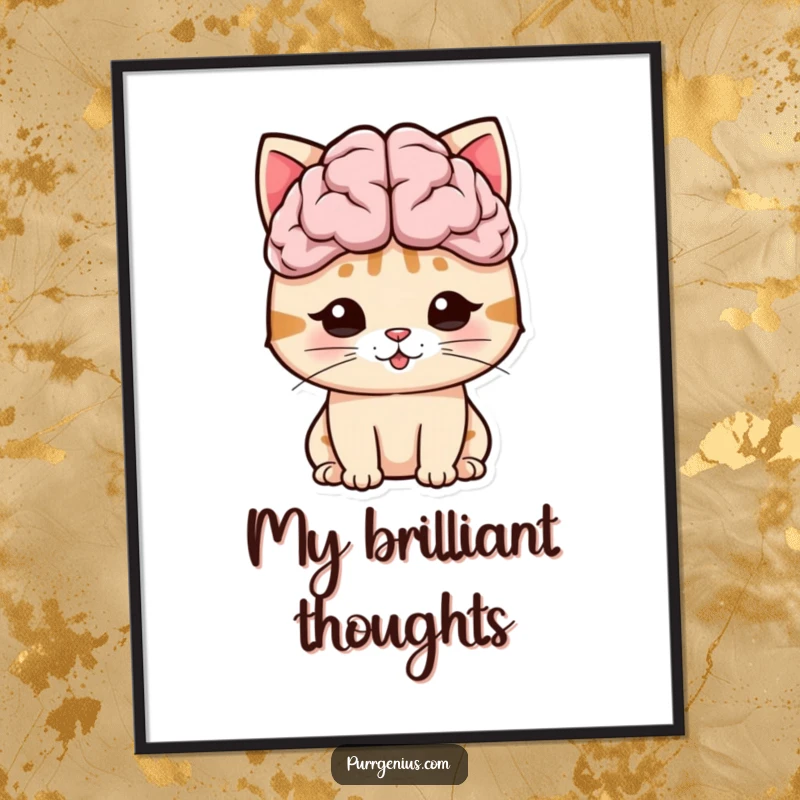 Funny cat with an oversized brain symbol, perfect for instant, humorous digital art prints that celebrate intelligence.