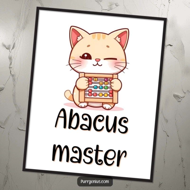 Funny Digital Art Print: A winking cat holding a miniature abacus, symbolizing cleverness and wit in a downloadable art format.