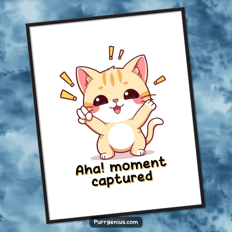 Funny digital art print of a cute cat striking an 'aha!' pose, capturing the excitement and joy of discovery.