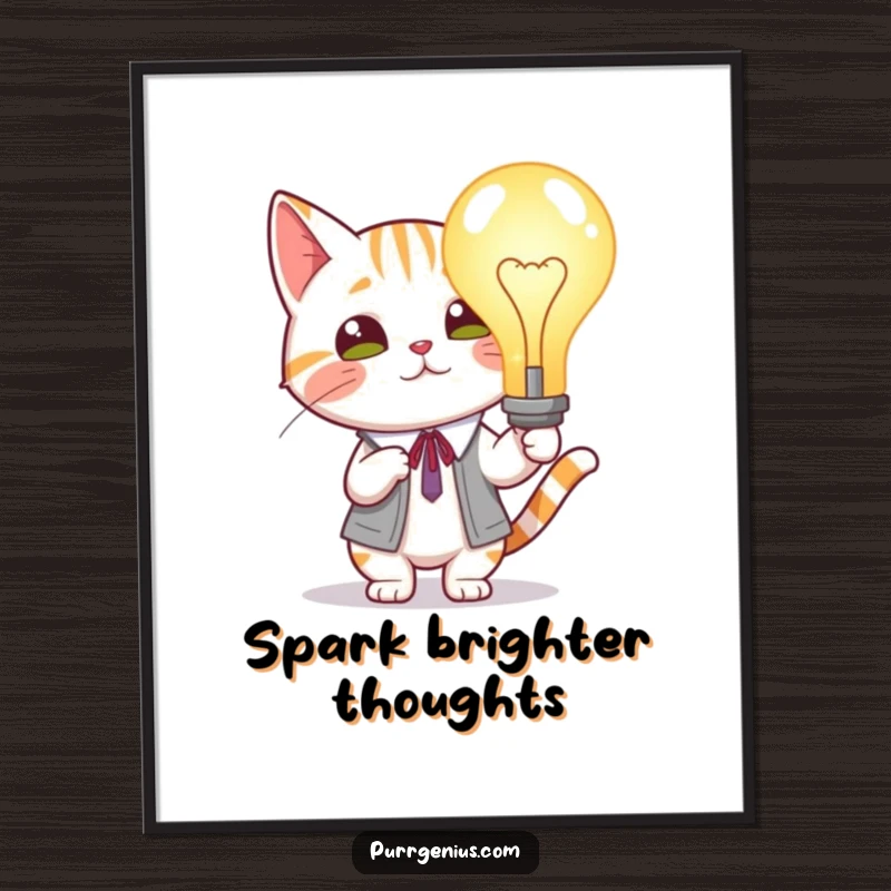 Funny Cat Lightbulb Digital Art: Scholarly cat holding a glowing lightbulb, printable art for inspiring and humorous decor.